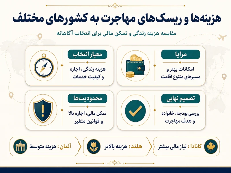 اینفوگرافیک هزینه‌ها و ریسک‌های مهاجرت به کشورهای مختلف در مقاله مهاجرت به کدام کشور آسان است؟ راهنمای کامل برای متقاضیان ایرانی